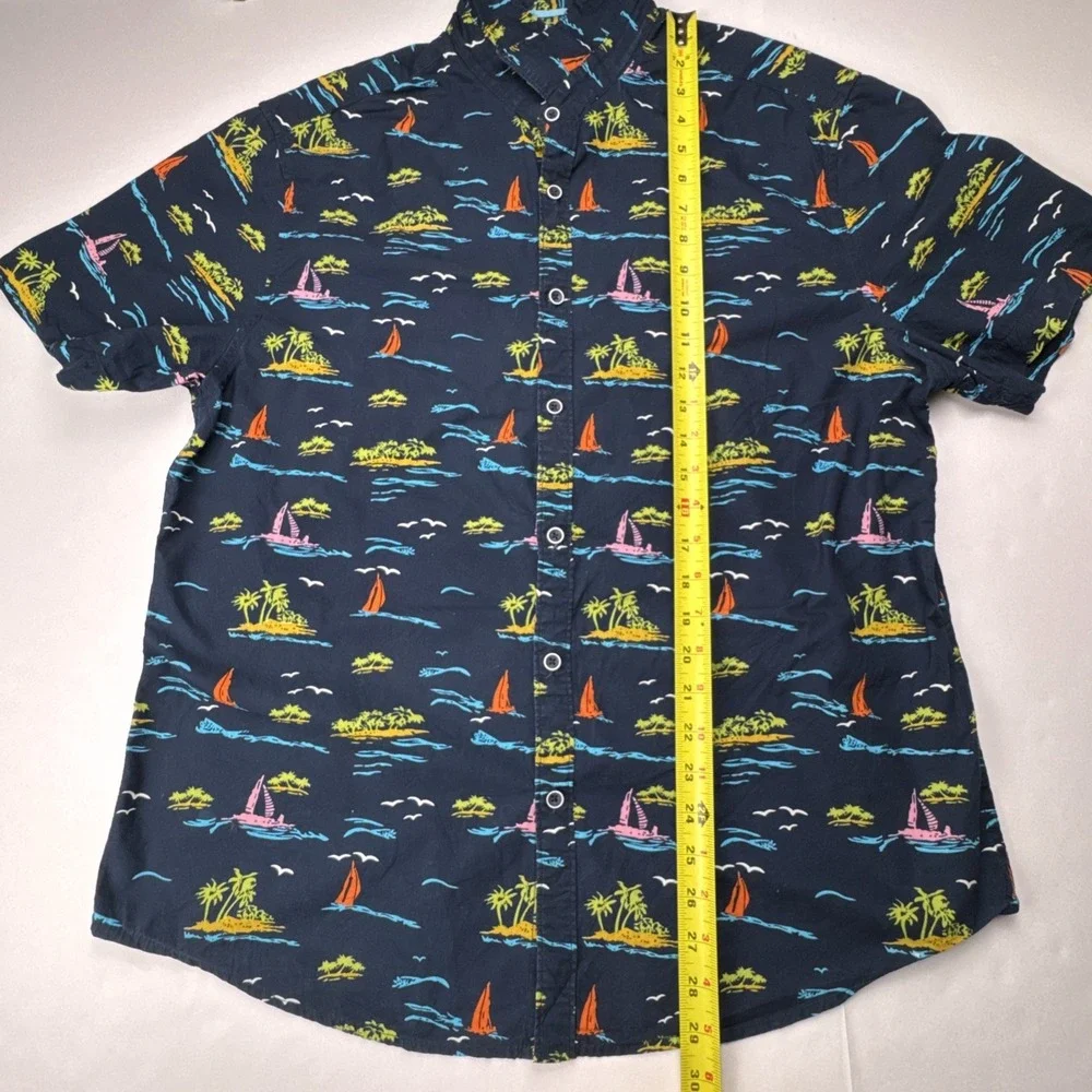Denim‎ & Flower Shirt Tropical Island Sailboat Print Slim Fit Size XL Navy Blue - Picture 4 of 7